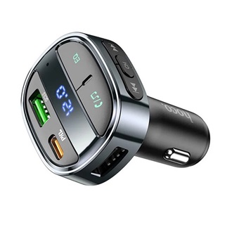 HOCO E70 bluetooth FM transmitter autós töltő USB+Type-C aljzat (30W, PD gyorstöltő 3.0, microSD, LED kijelző) FEKETE
