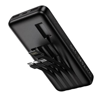HOCO J163 powerbank 2 USB+Type-C aljzat (10000mAh, 2A, gyorstöltő + fix USB/Type-C/lightning/microUSB kábel) FEKETE