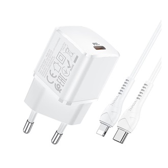 HOCO N10 STARTER hálózati töltő Type-C aljzat 20W, PD gyorstöltő 3.0 + Type-C - lightning kábel, FEHÉR