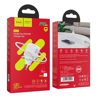 HOCO N10 STARTER hálózati töltő Type-C aljzat 20W, PD gyorstöltő 3.0 + Type-C - lightning kábel, FEHÉR