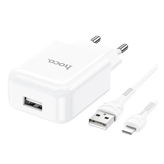 HOCO N2 hálózati töltő USB aljzat 10W, gyorstöltő + lightning kábel, FEHÉR
