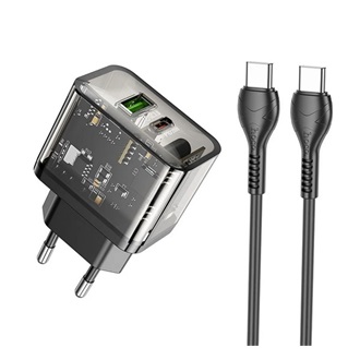 HOCO N34 hálózati töltő USB+Type-C aljzat 20W, PD gyorstöltő 3.0 + Type-C kábel, ÁTLÁTSZÓ