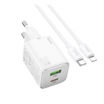 HOCO N41 hálózati töltő USB+Type-C aljzat 20W, PD gyorstöltő 3.0 + lightning kábel, FEHÉR