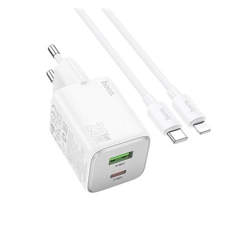 HOCO N41 hálózati töltő USB+Type-C aljzat 20W, PD gyorstöltő 3.0 + lightning kábel, FEHÉR