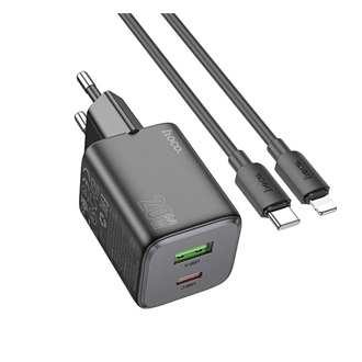 HOCO N41 hálózati töltő USB+Type-C aljzat 20W, PD gyorstöltő 3.0 + lightning kábel, FEKETE