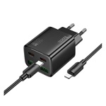 HOCO N55 hálózati töltő 2 USB+2 Type-C aljzat 20W, PD gyorstöltő 3.0 + lightning kábel, FEKETE