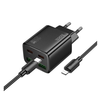 HOCO N55 hálózati töltő 2 USB+2 Type-C aljzat 20W, PD gyorstöltő 3.0 + lightning kábel, FEKETE