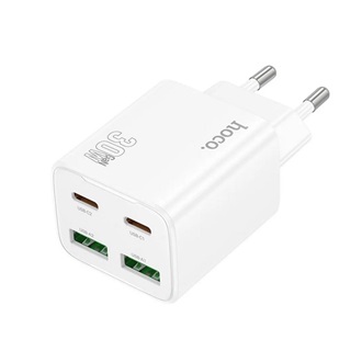 HOCO N56 hálózati töltő 2 USB+2 Type-C aljzat 30W, PD gyorstöltő 3.0, FEHÉR