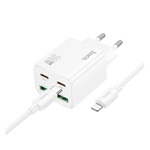 HOCO N56 hálózati töltő 2 USB+2 Type-C aljzat 30W, PD gyorstöltő 3.0 + lightning kábel, FEHÉR