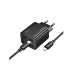 HOCO N56 hálózati töltő 2 USB+2 Type-C aljzat 30W, PD gyorstöltő 3.0 + lightning kábel, FEKETE