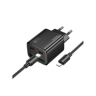 HOCO N56 hálózati töltő 2 USB+2 Type-C aljzat 30W, PD gyorstöltő 3.0 + lightning kábel, FEKETE