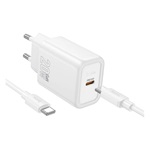 HOCO N60 hálózati töltő Type-C aljzat 20W, PD gyorstöltő 3.0 + Type-C kábel, FEHÉR