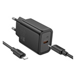 HOCO N60 hálózati töltő Type-C aljzat 20W, PD gyorstöltő 3.0 + lightning kábel, FEKETE