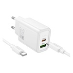 HOCO N61 hálózati töltő USB+Type-C aljzat 20W, PD gyorstöltő 3.0 + Type-C kábel, FEHÉR