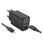 HOCO N61 hálózati töltő USB+Type-C aljzat 20W, PD gyorstöltő 3.0 + lightning kábel, FEKETE