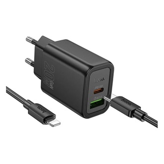 HOCO N61 hálózati töltő USB+Type-C aljzat 20W, PD gyorstöltő 3.0 + lightning kábel, FEKETE