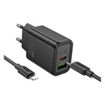 HOCO N63 hálózati töltő USB+Type-C aljzat 30W, PD gyorstöltő 3.0 + lightning kábel, FEKETE