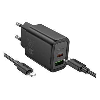 HOCO N63 hálózati töltő USB+Type-C aljzat 30W, PD gyorstöltő 3.0 + lightning kábel, FEKETE