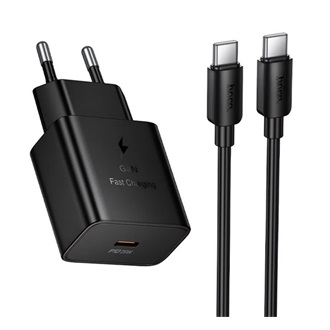HOCO N76 hálózati töltő Type-C aljzat 25W, PD gyorstöltő + Type-C kábel, FEKETE