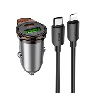 HOCO NZ16A autós töltő USB+Type-C aljzat (43W, PD gyorstöltő + Type-C/lightning kábel) SÖTÉTSZÜRKE