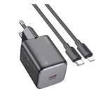 HOCO SPINNER hálózati töltő Type-C aljzat 20W, PD gyorstöltő 3.0 + lightning kábel, FEKETE