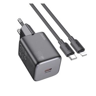 HOCO SPINNER hálózati töltő Type-C aljzat 20W, PD gyorstöltő 3.0 + lightning kábel, FEKETE