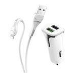 HOCO Z31 autós töltő 2 USB aljzat 18W, gyorstöltő 3.0 + lightning kábel, FEHÉR