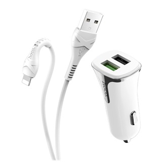 HOCO Z31 autós töltő 2 USB aljzat 18W, gyorstöltő 3.0 + lightning kábel, FEHÉR