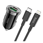 HOCO Z44 autós töltő USB+Type-C aljzat 15W, PD gyorstöltő 3.0 + Type-C - lightning kábel, FEKETE