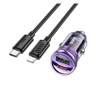 HOCO Z53A autós töltő USB+Type-C aljzat 30W, PD gyorstöltő + Type-C - lightning kábel, LILA