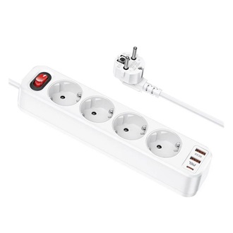 HOCO hálózati elosztó 4 AC+2 USB+Type-C aljzat, PD gyorstöltő 3.0 + 180cm kábel, FEHÉR