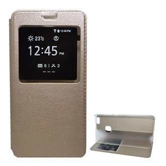 Huawei P10 Lite Gigapack tok álló, bőr hatású FLIP, ablakos, ARANY