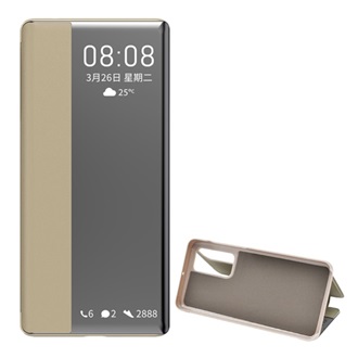 Huawei P40 Gigapack tok álló, bőr hatású FLIP, ablakos, BARNA