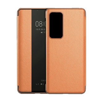 Huawei P40 Gigapack tok álló, bőr hatású aktív FLIP, textil minta, BARNA