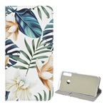 Huawei P40 Lite E Gigapack Tok álló, bőr hatású FLIP, színes virág, FEHÉR