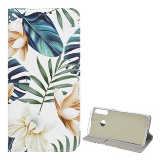 Huawei P40 Lite E Gigapack Tok álló, bőr hatású FLIP, színes virág, FEHÉR