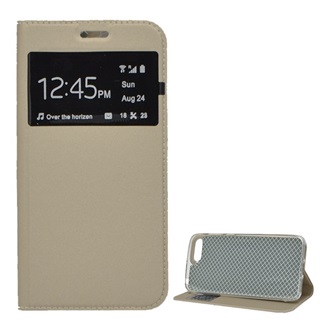 Huawei Y6 (2018) Gigapack tok álló, bőr hatású FLIP, ablakos, ARANY