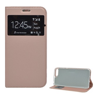 Huawei Y6 (2018) Gigapack tok álló, bőr hatású FLIP, ablakos, ROZÉARANY