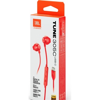 JBL T 305 C RED vezetékes USB C mikrofonos piros fülhallgató