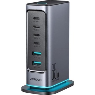 JOYROOM JR-TCM02 hálózati töltő 2 USB+4 Type-C aljzat (65W, GaN, PD gyorstöltő) SÖTÉTSZÜRKE