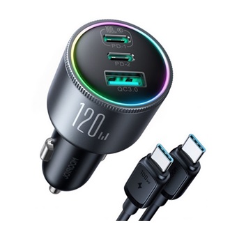 JOYROOM autós töltő USB+2 Type-C aljzat (120W, PD gyorstöltő 3.0 + Type-C kábel) SÖTÉTSZÜRKE
