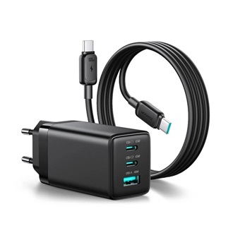 JOYROOM hálózati töltő USB+2 Type-C aljzat (65W, GaN, PD gyorstöltő + Type-C kábel) FEKETE