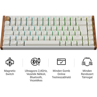 Keychron K2 HE Bluetooth / vezeték nélküli magyar Gateron double-rail magnetic mechanikus billentyűzet fehér-rózsafa
