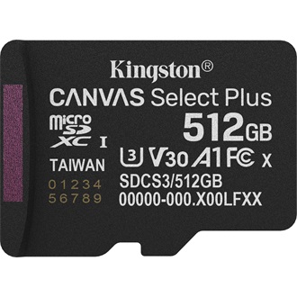 Kingston 512GB Canvas Select Plus Gen3 Class 10 UHS-1 A1 microSDXC memóriakártya Single Pack