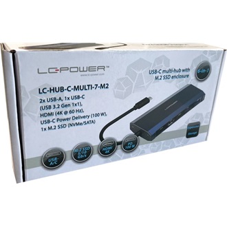 LC-Power LC-HUB-C-MULTI-7-M2 5-port SATA3 M.2 M.2 NVME SSD külső ház 100W USB-C dokkoló fekete