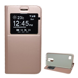 LG K10 (2017) Gigapack Tok álló, bőr hatású FLIP, ablakos, ROZÉARANY