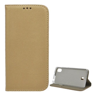 LG K20 2019 Gigapack tok álló, bőr hatású FLIP, asztali tartó, ARANY