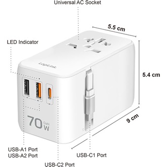 LogiLink PA0357 Travel 2500W univerzális hálózati töltő adapter fehér