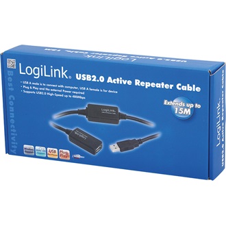 LogiLink USB-A 2.0 - USB-A 2.0 M/F aktív adatkábel hosszabbító 15m fekete