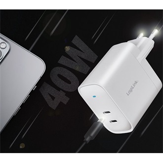 LogiLink USB tápcsatlakozó adapter, 2x USB-C port (PD), GaN-technológia, 40 W